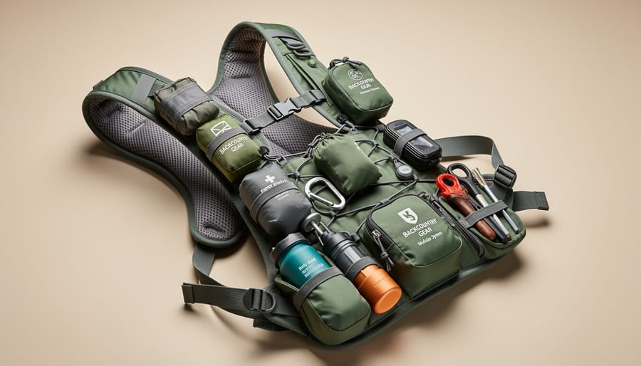 Padded carrying yoke with accessory straps securing gear on a canoe
