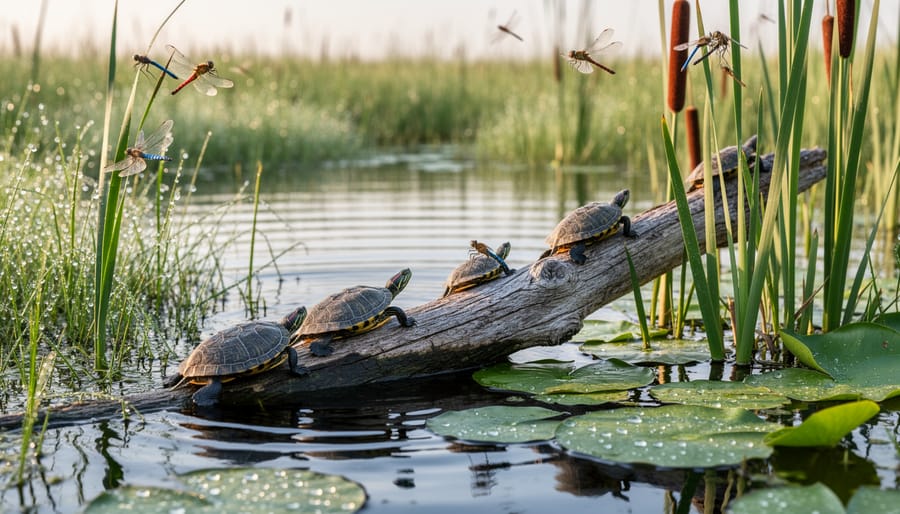 Painted turtle basking on a log near a marsh with dragonflies in the air