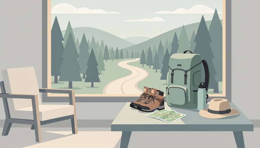 Travel gear and a steaming mug in a car with a forest trail visible ahead