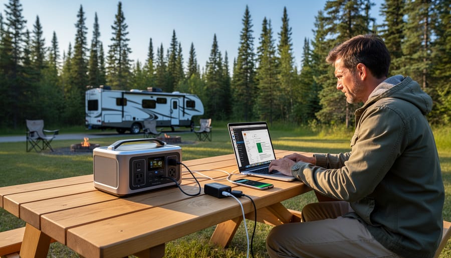 Laptop connected to portable power gear at an RV or campsite with a small solar panel on the ground