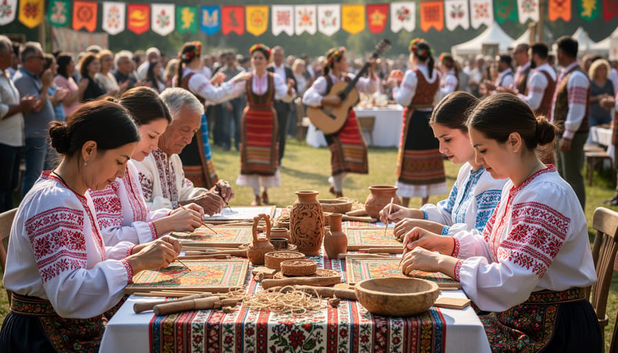 A visitor decorates an egg with guidance from a craft artisan at an outdoor heritage demonstration table.
