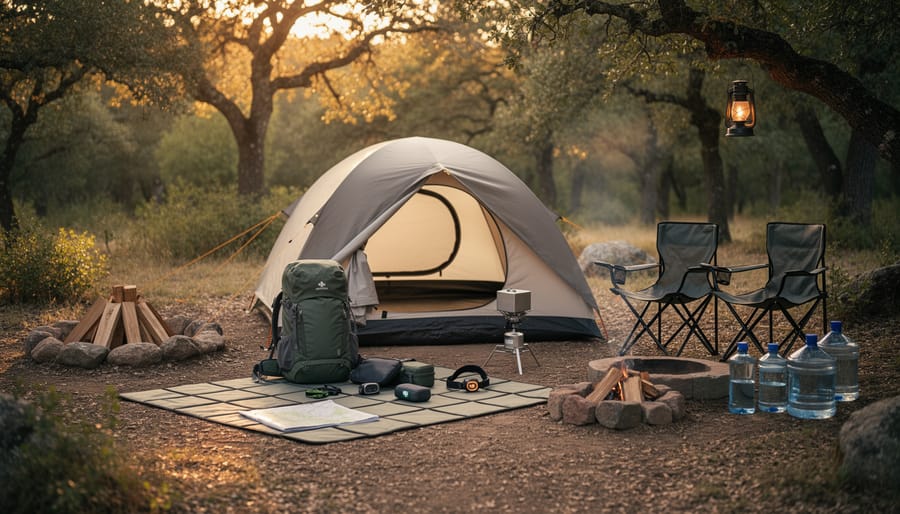 Quiet campsite at dusk with camping gear set out and a tent partially packed on grass.