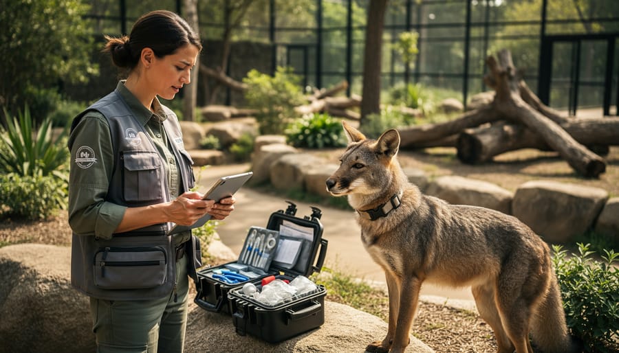 A wildlife caretaker wearing gloves gently monitors a rehabilitated red fox in a forest setting.