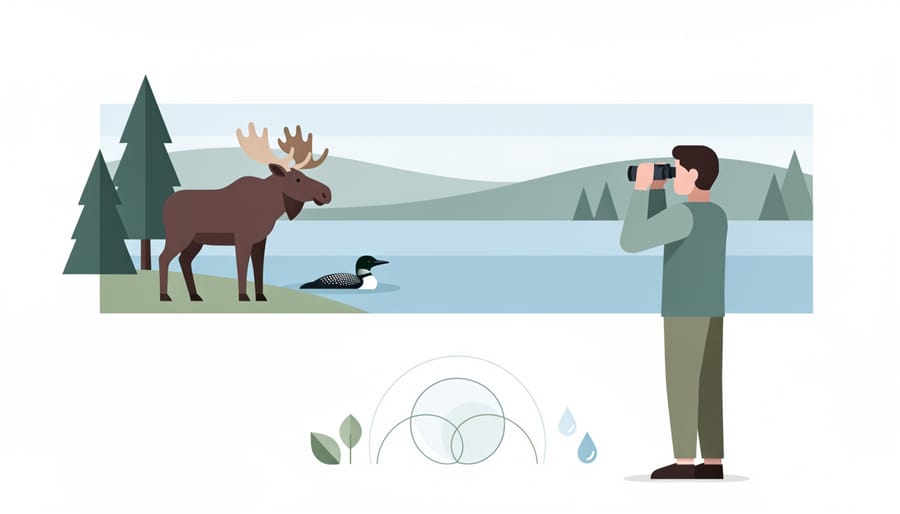 A nature-walk visitor with binoculars looks toward a protected shoreline area at golden hour.