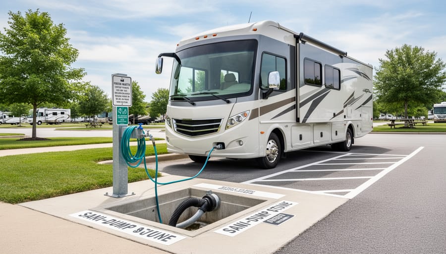 RV parked near a sani-dump station with hoses on the concrete pad