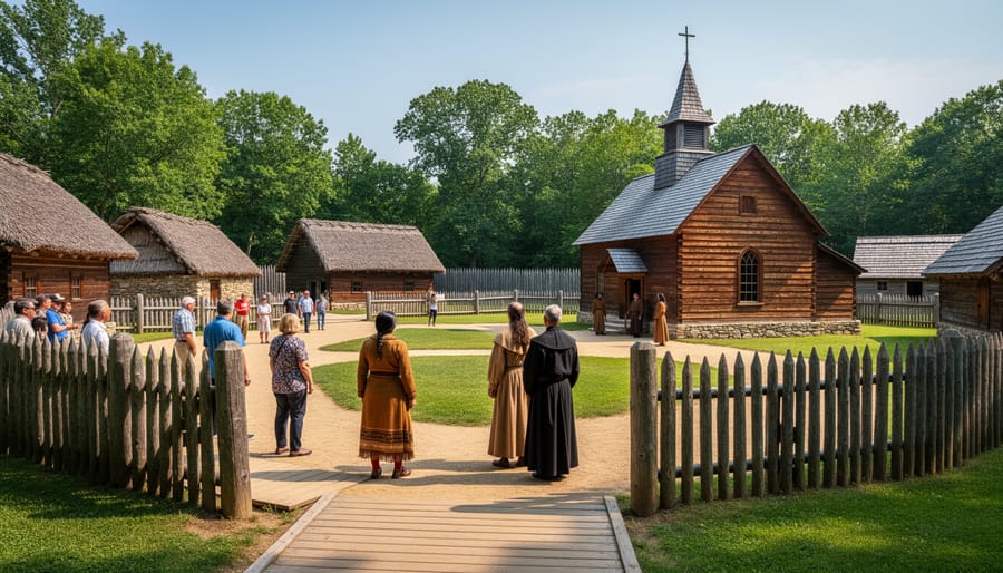 Visitors at Sainte-Marie among the Hurons looking at reconstructed Jesuit mission buildings in Midland