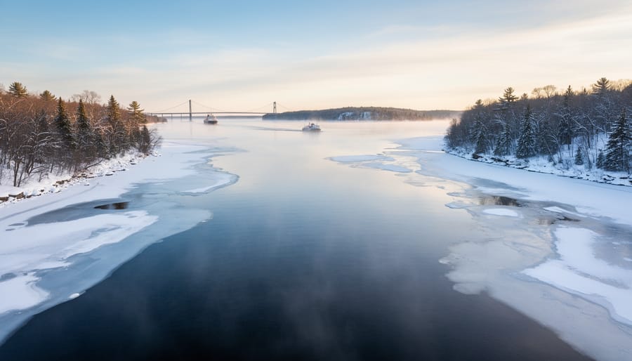 Snowmobile trail near a winter waterway with distant haze and treeline in Michigan’s eastern Upper Peninsula.