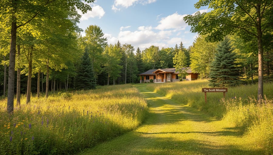 Rolling hills and forest with sunlit meadow landscape at golden hour