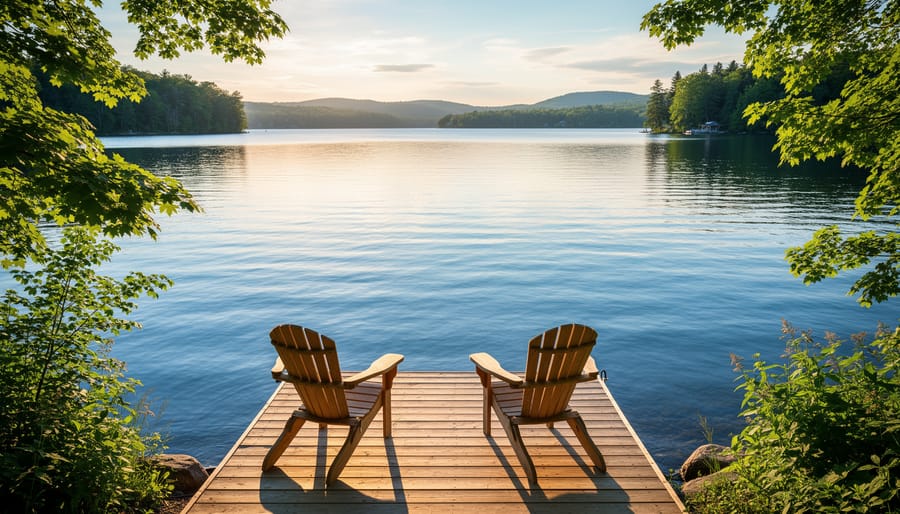 View from a lakeside deck looking over calm blue water