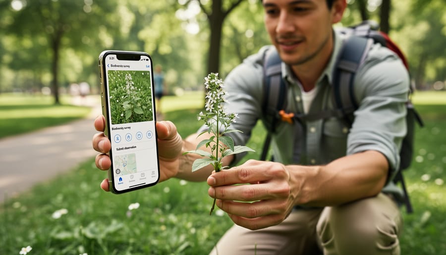 A naturalist photographing a wild plant on a woodland trail using a smartphone.