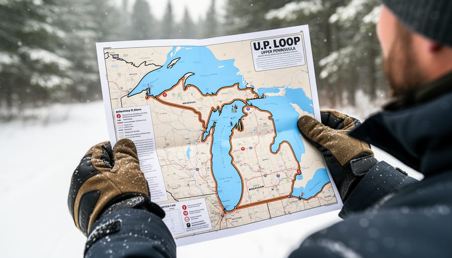 Gloved hands holding a folded snow-dusted trail map next to a snowmobile helmet on a bench.