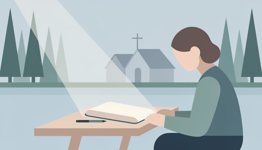 Open journal and tea on a wooden table with blurred forest background