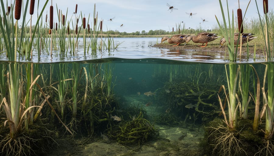 Cattails and sedges growing at the edge of a northern lake wetland with a beaver lodge in shallow water