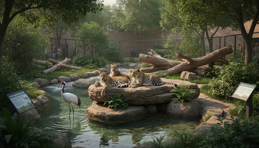 Wildlife facility enclosure with large birds near a wetland pool under an overcast sky.