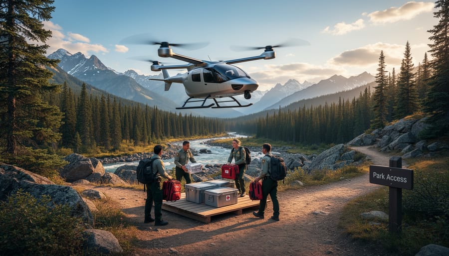 Conservation team members preparing a lightweight supply drop near a remote forest clearing by a river.