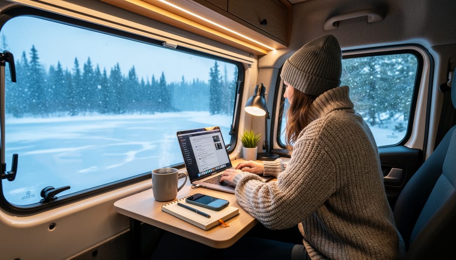 Laptop on a snowy campsite table with winter gear like gloves and a thermos nearby