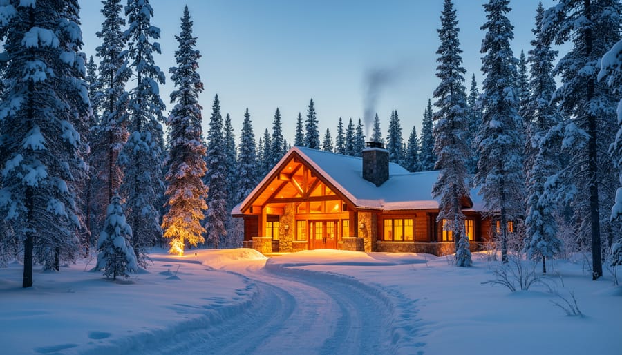 Warmly lit remote wilderness lodge surrounded by snow and evergreen trees in winter