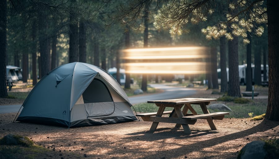 “Tent at a quiet forest campsite with soft light effects suggesting improved booking availability patterns in a park reservation context.”