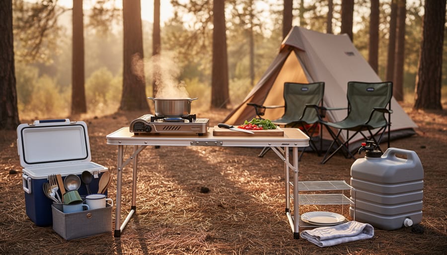 Camper’s hands setting up a portable stove on a picnic table with cooking gear in a campsite