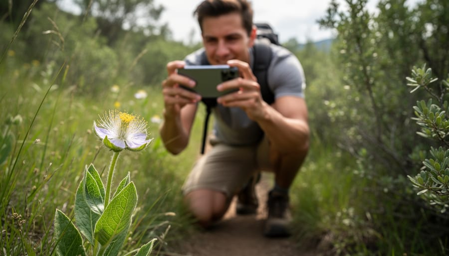 Person crouching in an Ontario park photographing a wildflower with a smartphone camera