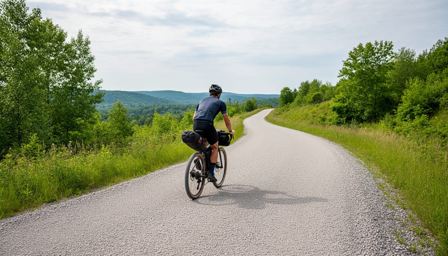 A bikepacker riding along a gravel rail trail surrounded by trees