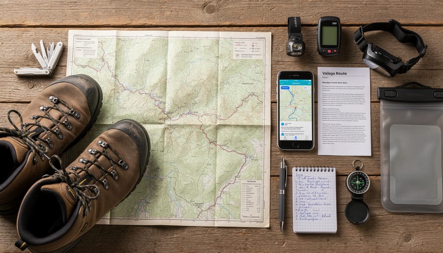 Trail boots and waterproof navigation materials laid out on a stump in a forest