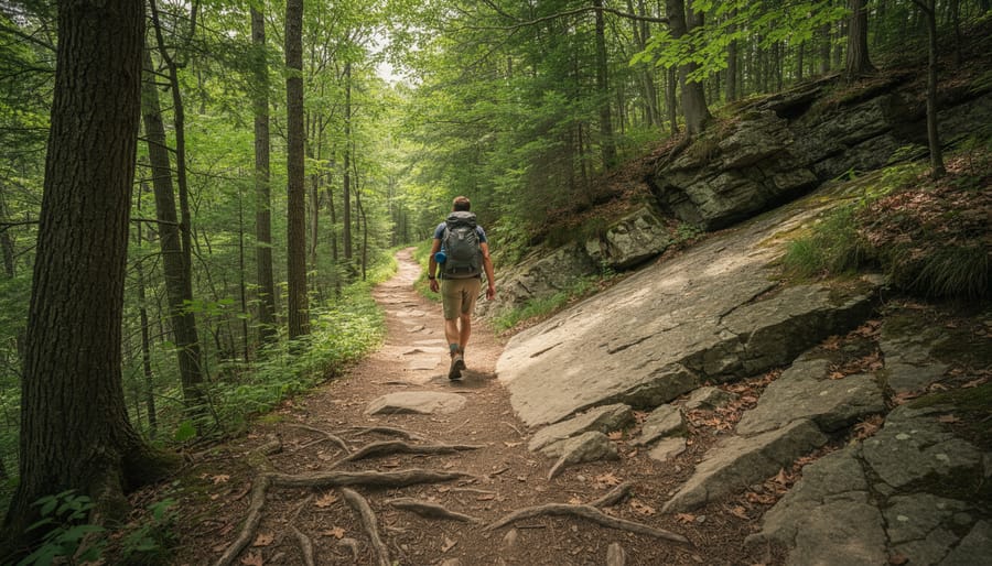 A backpacking hiker walking along the Bruce Trail on a narrow dirt path with forest scenery