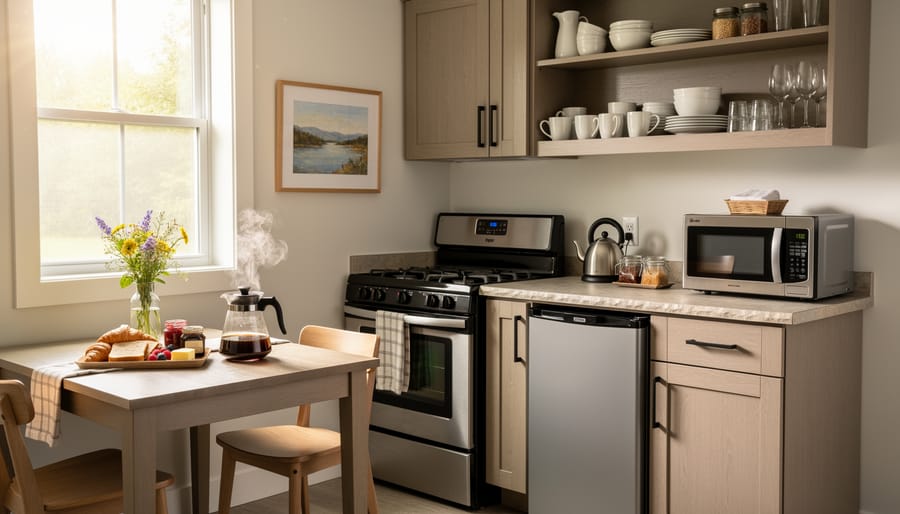 Cozy inn kitchenette counter with kettle, mugs, and fresh breakfast ingredients in warm light.