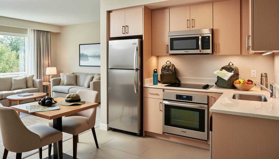 Wide open-plan suite kitchenette with full-size refrigerator, stove, and neatly organized utensils in a Toronto-style hotel.