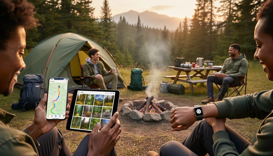 Campers at dusk with a glowing smartphone near a tent and campfire in the background