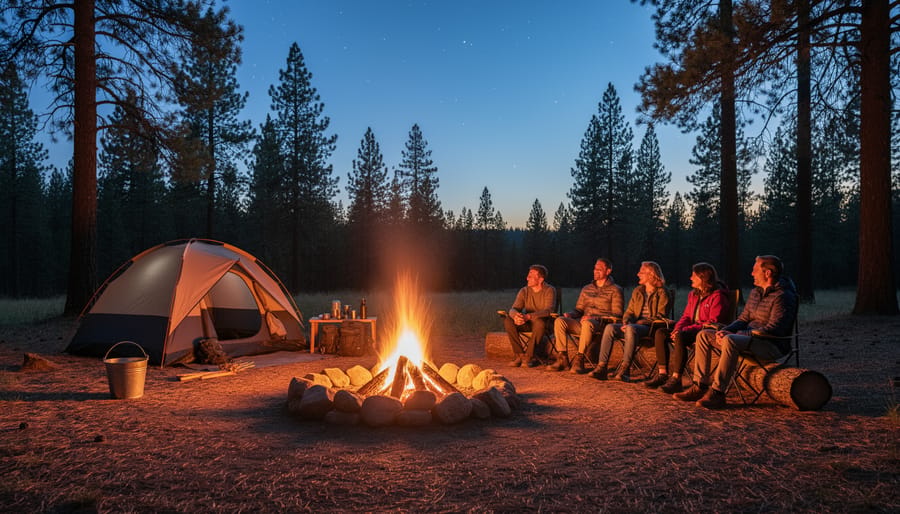 Person sitting near a fire pit at night with glowing flames and trees in the background