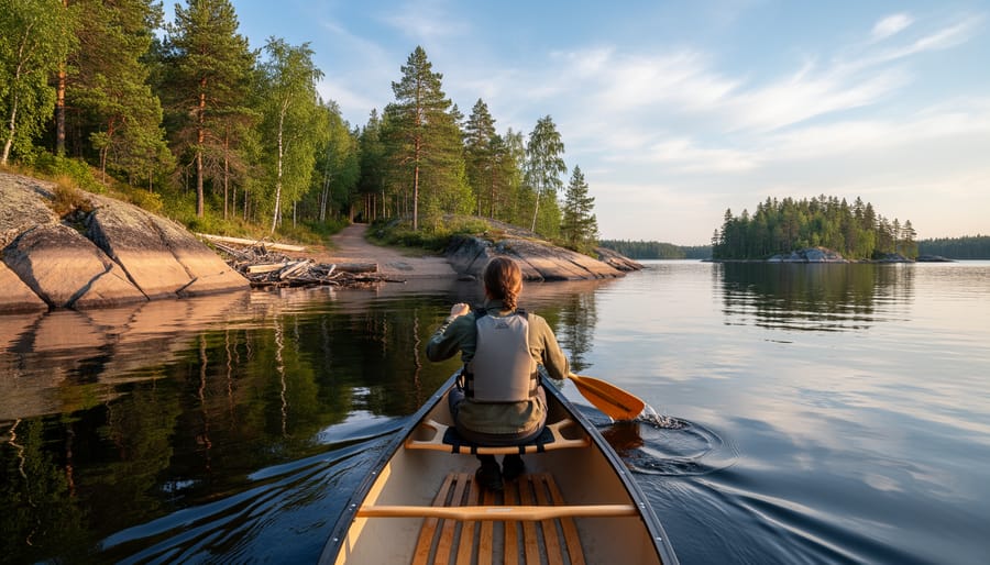 Solo paddler in a canoe approaching a rocky shoreline for the next portage