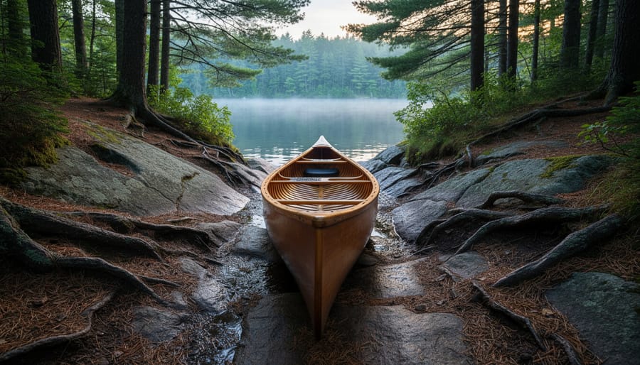 Canoe on a rocky portage trail near a pine forest lake in Frontenac Provincial Park