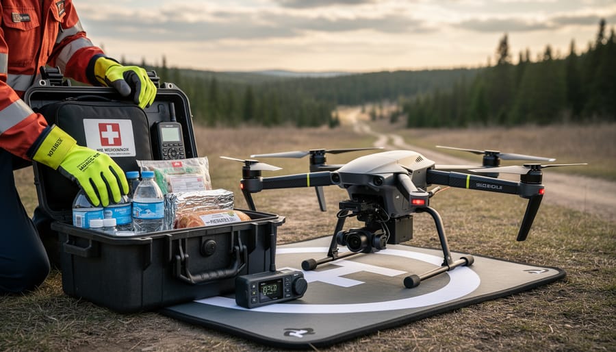 Emergency medical kit being placed into an emergency drone payload bay beside a campsite table