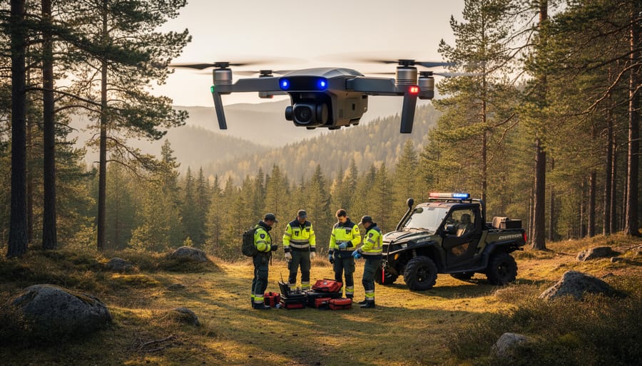 Emergency response drone hovering in a pine forest clearing while a responder monitors it nearby