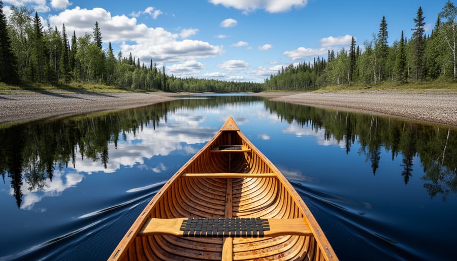 Canoe on clear water beside a sandy esker ridge in Esker Lakes Provincial Park