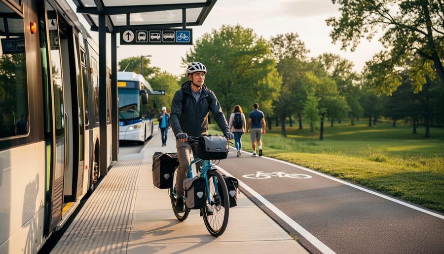 Cyclist carrying a folding bike at an outdoor transit hub toward a bike rack.