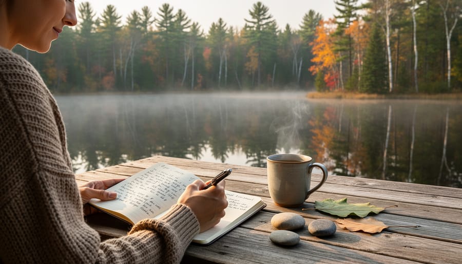 Close-up of hands writing in a notebook outdoors with pine needles and leaves nearby