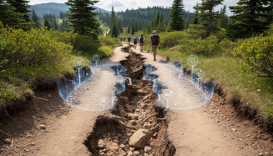 A hiker’s boot on an Ontario forest trail with visible soil exposure and light erosion in the foreground.