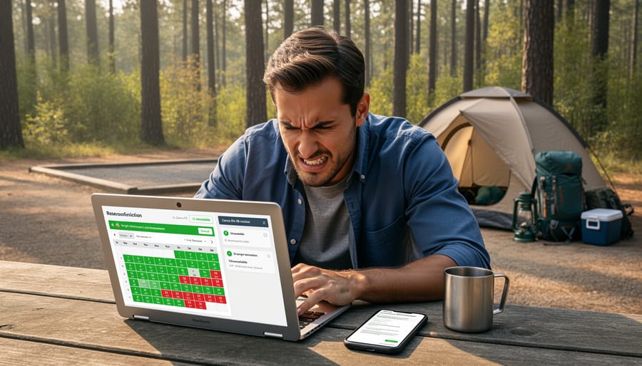 Frustrated camper checking campsite availability on a smartphone near an Ontario park entrance or office area
