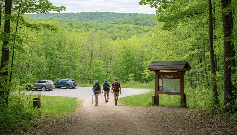 Backpackers resting in a forest clearing along the Ganaraska Hiking Trail