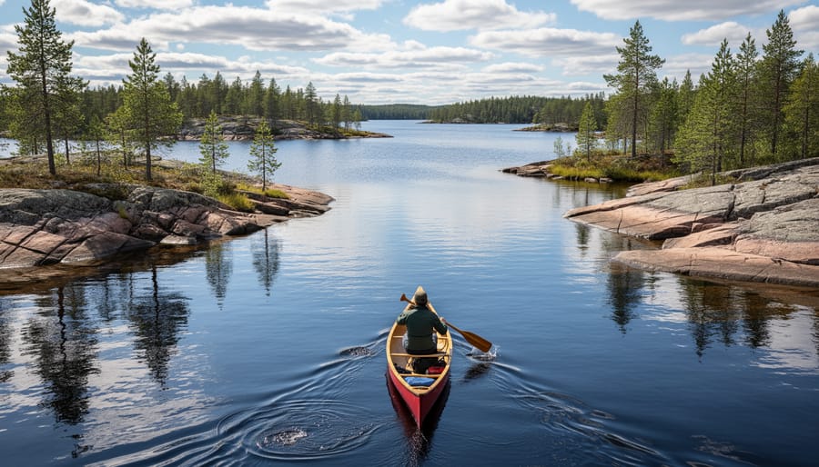 Canoe paddle viewpoint facing narrow channels along the connected waters of the Gowganda Lake System