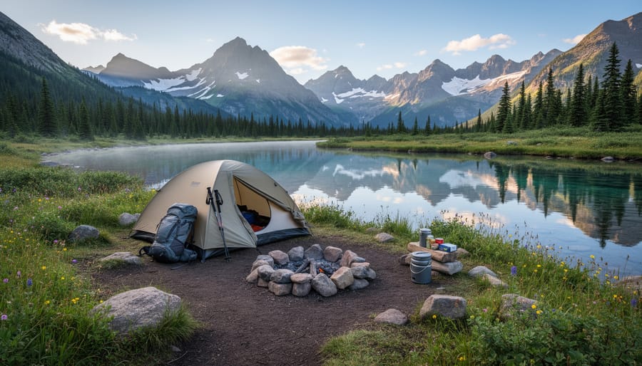Tent pitched at a Glacier backcountry campsite beside a lake with snow-capped mountains in the distance at dusk