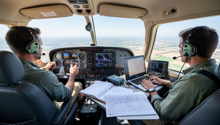 Surveyor in a helicopter cabin holding a GPS device and waterproof notebook