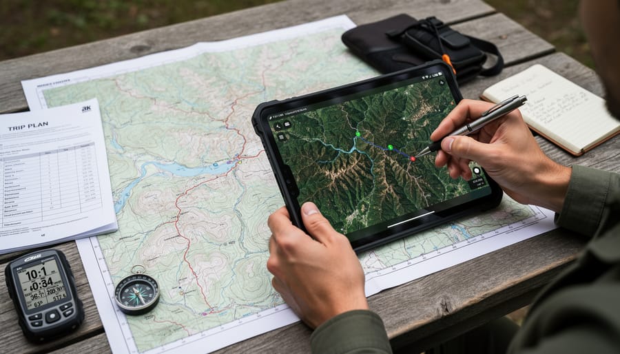 Mapper standing on rocky lake shore with camera and compass during ground-truthing