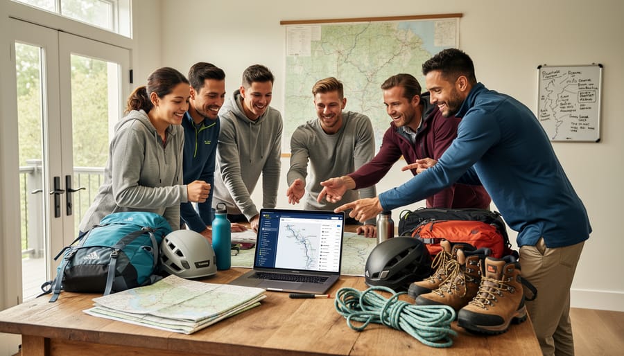 Friends preparing outdoor gear beside a picnic table with a waterproof pouch