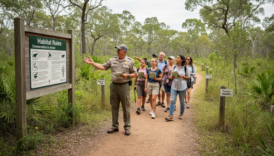 A guide speaks with visitors beside a forest trail, demonstrating responsible, educational eco-tourism.