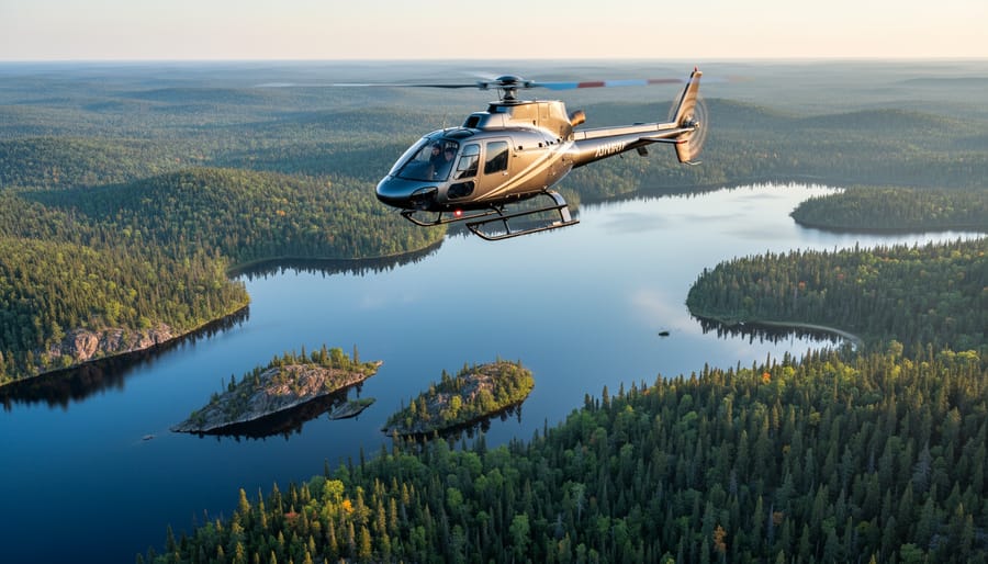 Helicopter flying low over Ontario wilderness with forest canopy and a lake in view