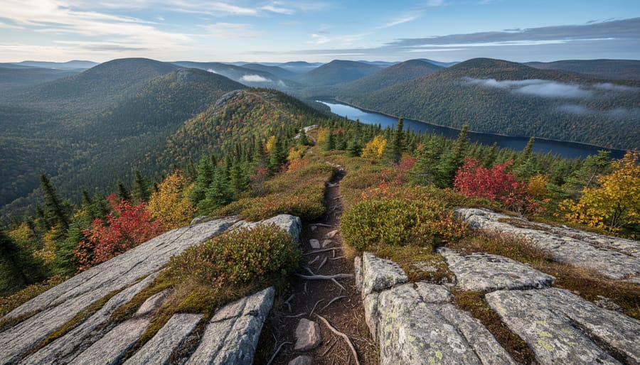 A backpacker hiking a remote trail through rocky highland forest in Algonquin