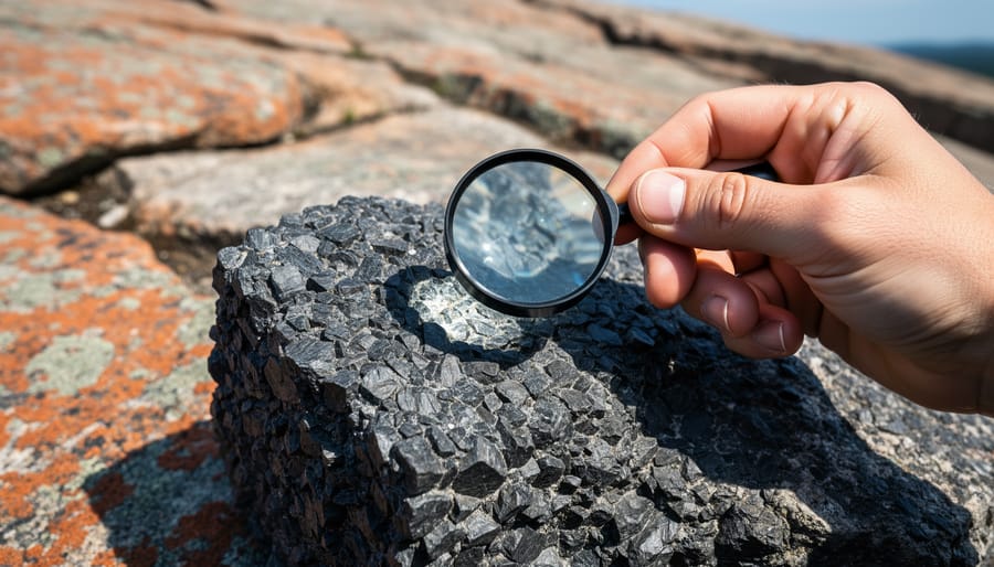 Hiker examining a dark, coarse-grained gabbro outcrop with a hand lens on an Ontario trail.